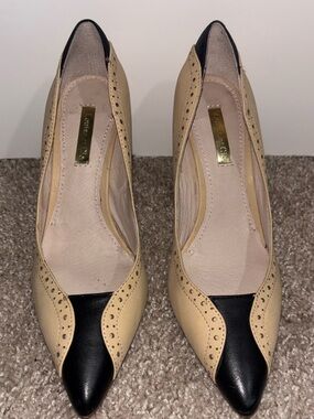 Two-Tone Pointed Toe Pumps in Beige and Black - Women's Heels